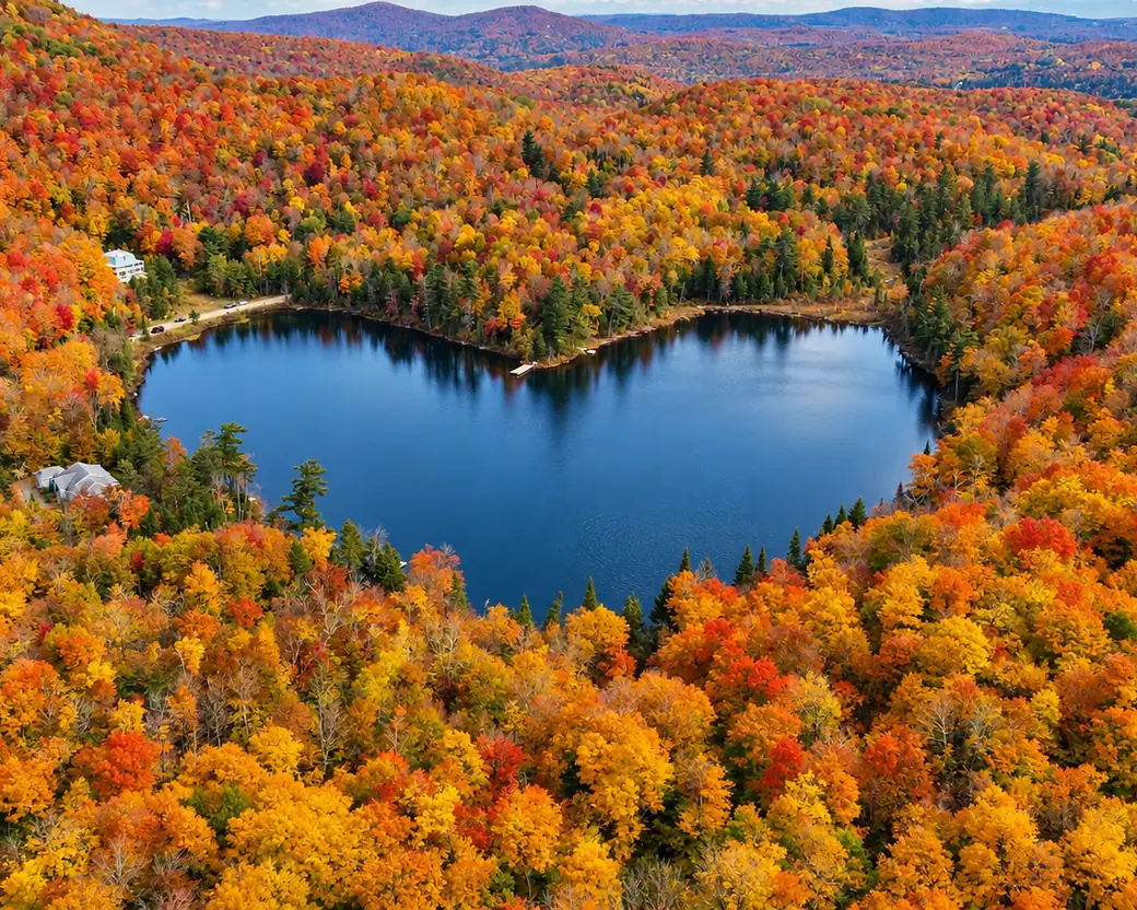 Heart-shaped lake surrounded by autumn forest in Québec