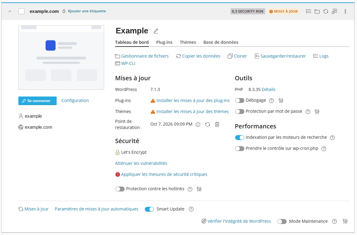 WordPress Toolkit dans cPanel : la fiche d'un site WordPress hébergé chez Ex2, avec ses mises à jour, ses outils (gestionnaire de fichiers, clonage, sauvegarde et restauration, WP-CLI), ses réglages de sécurité et de performance