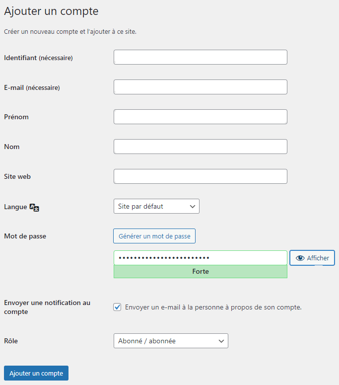 rôle nouvel utilisateur WordPress options comptes utilisateurs articles exemple éditeur WordPress site role article commentaires auteur