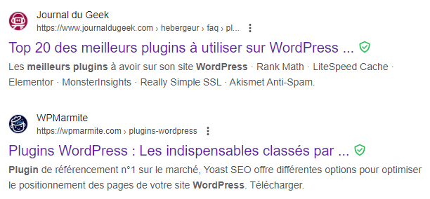 Comparaison de méta descriptions d'articles au sujet des plugins WordPress.