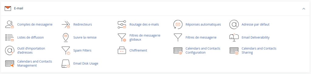 cPanel comprend une section incluant de nombreux outils liés à la messagerie électronique.
