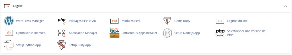 Le section Logiciel du panneau de contrôle d'hébergement web proposé par Ex2.